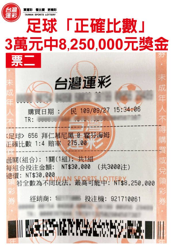  台中運彩迷在9月27日購買的德甲足球勝分差彩券